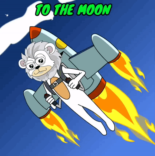 A Cartoon Bear Is Flying Through The Air On A Rocket With The Words To The Moon Above Him GIF
