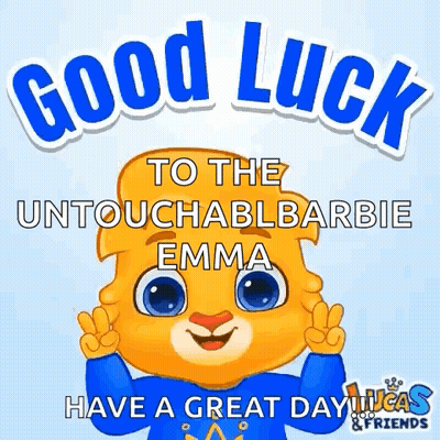 A Cartoon Bear Is Giving A Peace Sign And Says `` Good Luck To The Untouchable Barbie Emma '' . GIF