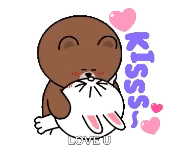 A Cartoon Bear Is Holding A Cat In His Mouth And Saying `` Kiss , Love U '' . GIF