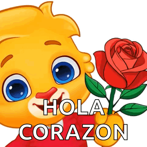 A Cartoon Bear Is Holding A Red Rose And Saying Hola Corazon GIF