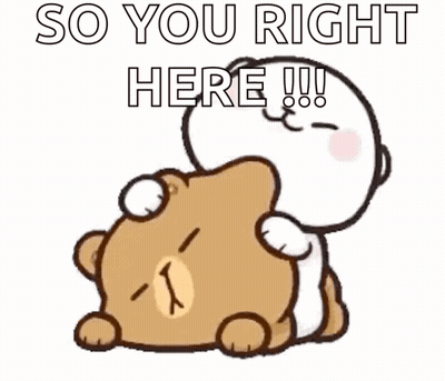 A Cartoon Bear Is Hugging Another Bear With The Words `` So You Right Here !!! '' Written On The Bottom . GIF