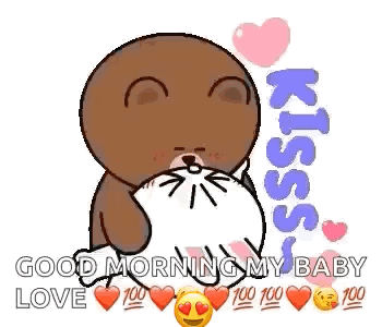 A Cartoon Bear Is Kissing A Cat With Hearts Around It And Says `` Good Morning My Baby Love '' . GIF