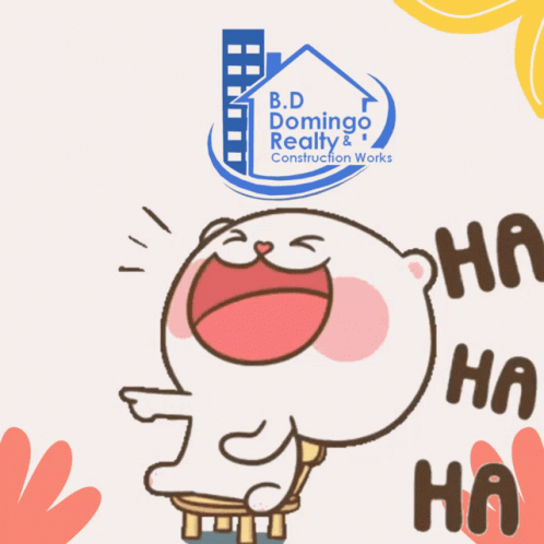 A Cartoon Bear Is Laughing In Front Of A B.d. Domingo Realty And Construction Works Logo GIF