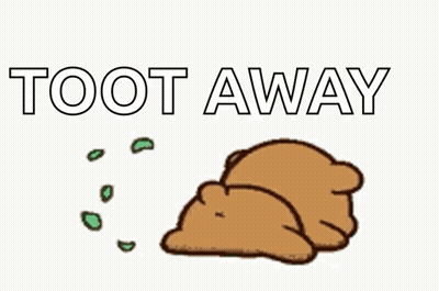 A Cartoon Bear Is Laying Down With The Words Toot Away Written Above It . GIF