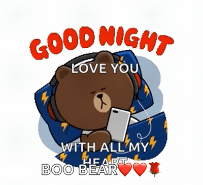 A Cartoon Bear Is Laying In Bed With Headphones On Looking At A Cell Phone And Says Good Night Love You With All My Hear GIF