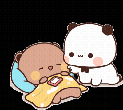 A Cartoon Bear Is Laying On A Bed Next To A Panda Bear GIF