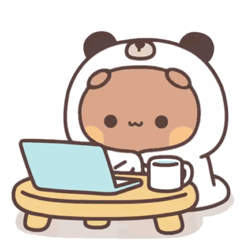 A Cartoon Bear Is Sitting At A Table Using A Laptop Sticker