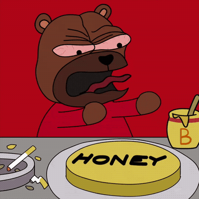 A Cartoon Bear Is Sitting At A Table With A Plate Of Honey And A Jar Of Honey GIF