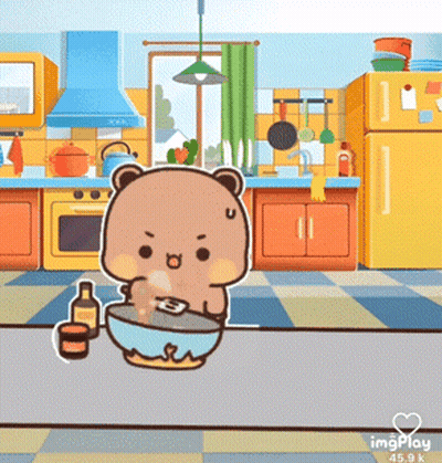A Cartoon Bear Is Sitting In A Kitchen With A Bowl And Bottles GIF