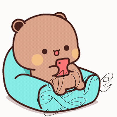 A Cartoon Bear Is Sitting On A Blue Bean Bag Chair Looking At A Phone GIF