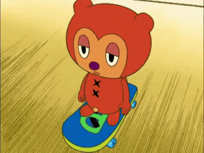 A Cartoon Bear Is Sitting On A Skateboard With The Letter O On It GIF