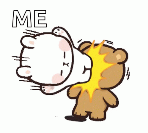 A Cartoon Bear Is Standing Next To A Fist That Says " Me " On It GIF