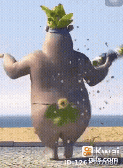 A Cartoon Bear Is Standing On A Beach Holding A Bottle Of Water . GIF