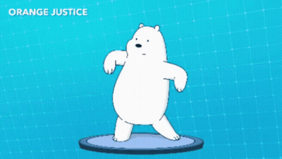 A Cartoon Bear Is Standing On A Blue Circle With The Words Orange Justice Behind Him GIF