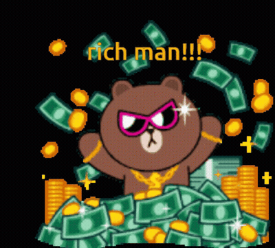 A Cartoon Bear Is Surrounded By A Pile Of Money And The Words " Rich Man " GIF