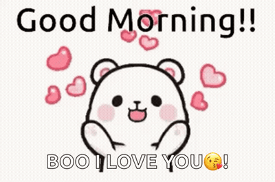 A Cartoon Bear Is Surrounded By Pink Hearts And Says `` Good Morning !! Boo I Love You '' . GIF