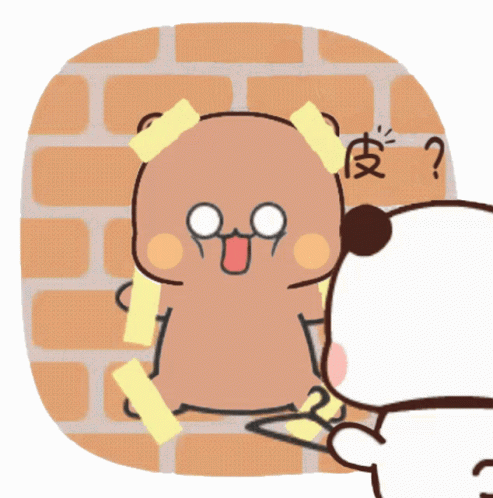 A Cartoon Bear Is Taped To A Brick Wall And Has A Question Mark Next To It GIF