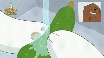 A Cartoon Bear Is Washing A Cucumber Under A Shower GIF