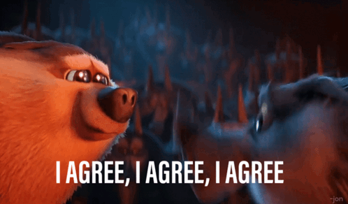 A Cartoon Bear Says " I Agree , I Agree , I Agree " In Front Of Another Bear GIF