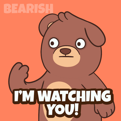 A Cartoon Bear Says " I 'M Watching You " In Front Of An Orange Background GIF