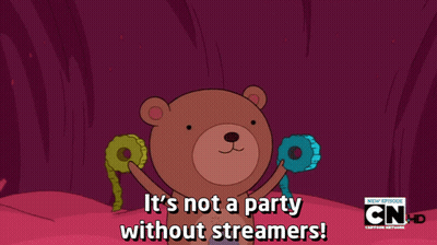 A Cartoon Bear Says It 'S Not A Party Without Streamers In A Purple Background GIF