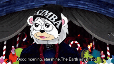 A Cartoon Bear Wearing A Beanie That Says Kimba On It GIF