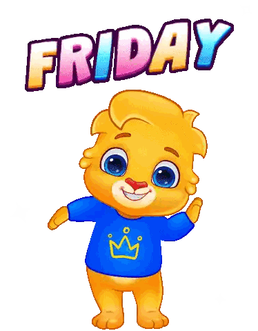 A Cartoon Bear Wearing A Blue Shirt With A Crown On It Says Friday Sticker