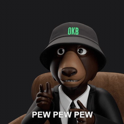 A Cartoon Bear Wearing A Bucket Hat With Okb Embroidered On It GIF