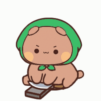 A Cartoon Bear Wearing A Green Head Scarf Is Holding A Knife And A Plate . GIF