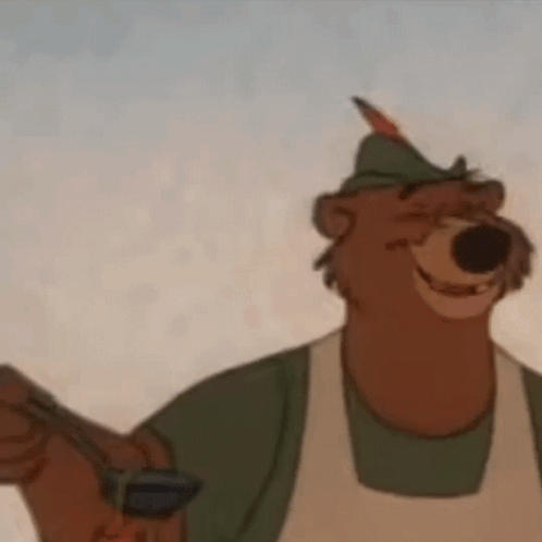 A Cartoon Bear Wearing A Hat And Apron Is Smiling And Holding A Sword . GIF