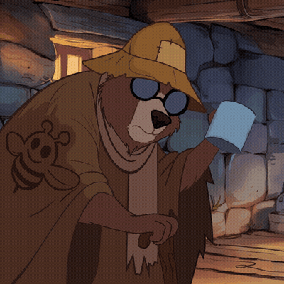 A Cartoon Bear Wearing A Hat And Glasses Is Holding A Cup GIF