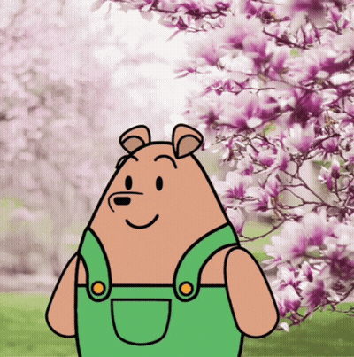 A Cartoon Bear Wearing Green Overalls Is Smiling In Front Of A Tree With Purple Flowers GIF