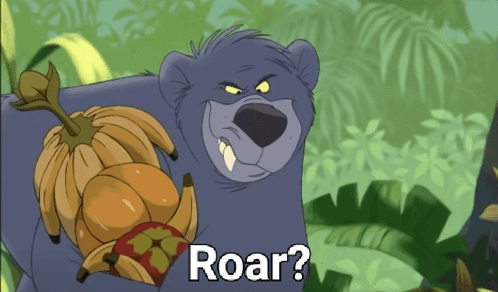 A Cartoon Bear With A Bunch Of Bananas And The Words Roar Below Him GIF