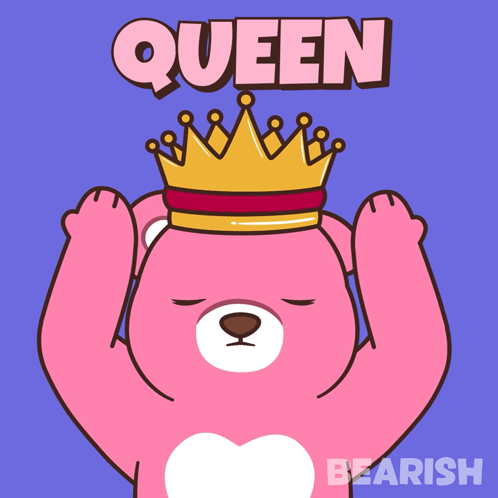 A Cartoon Bear With A Crown On Its Head And The Word Queen Above It GIF