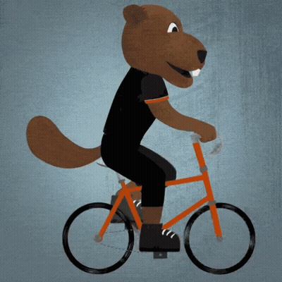 A Cartoon Beaver Wearing A Black Shirt Is Riding An Orange Bike GIF