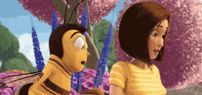 a cartoon bee and a woman are standing next to each other in a field of flowers .