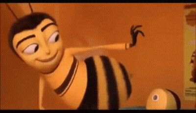 A Cartoon Bee From The Movie Bee Movie Is Standing Next To A Person . GIF