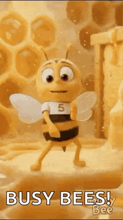 A Cartoon Bee Is Dancing In Front Of A Honeycomb And Says `` Busy Bees ! '' GIF