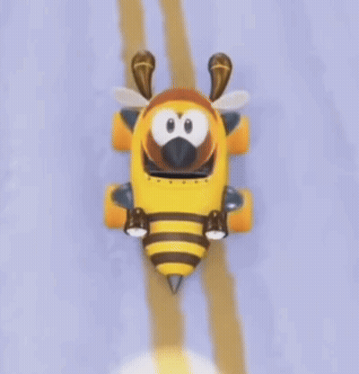 A Cartoon Bee Is Driving Down A Road In A Yellow Vehicle . GIF