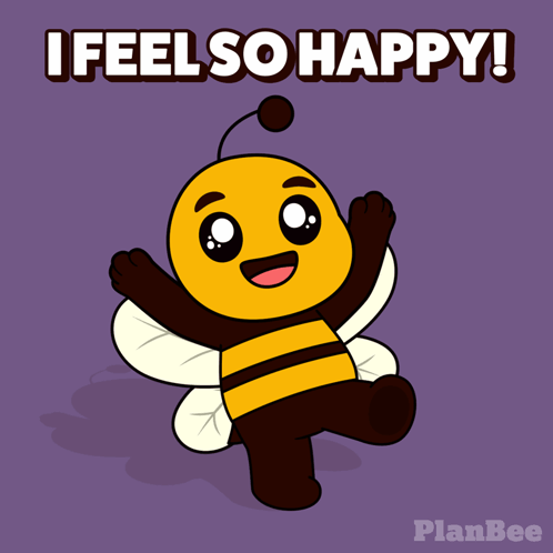 A Cartoon Bee Says I Feel So Happy On A Purple Background GIF
