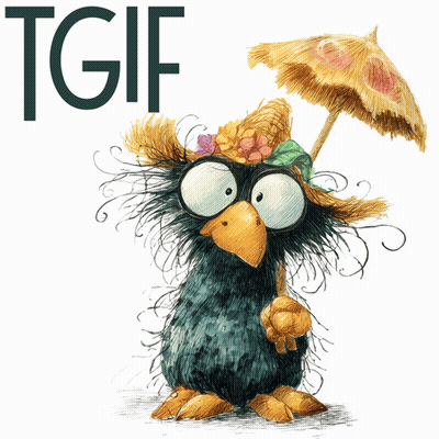 A Cartoon Bird Holding An Umbrella With The Words Tgif Behind It GIF