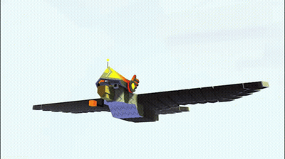 A Cartoon Bird Is Flying Through The Air With A Yellow Hat On GIF