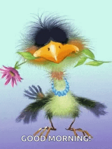 A Cartoon Bird Is Holding A Flower In Its Beak And Says Good Morning . GIF