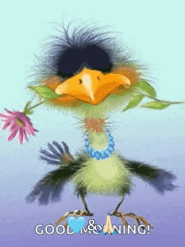 A Cartoon Bird Is Holding A Flower In Its Beak And Wearing Sunglasses And A Necklace . GIF
