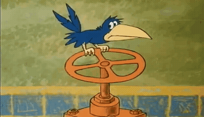 A Cartoon Bird Is Perched On Top Of A Valve . GIF