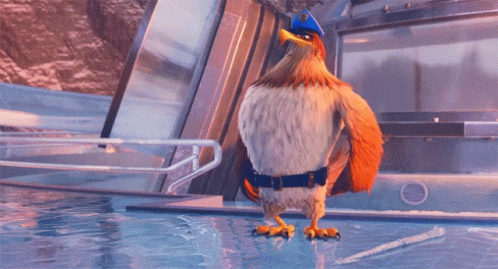 A Cartoon Bird Wearing A Blue Hat And Belt GIF