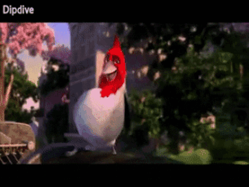 A Cartoon Bird With A Red Beak Is Standing In A Garden With The Words Dipdive On The Bottom Right GIF