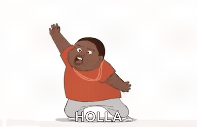 A Cartoon Boy Is Dancing With His Hand In The Air And The Word Holla Is On The Bottom . GIF