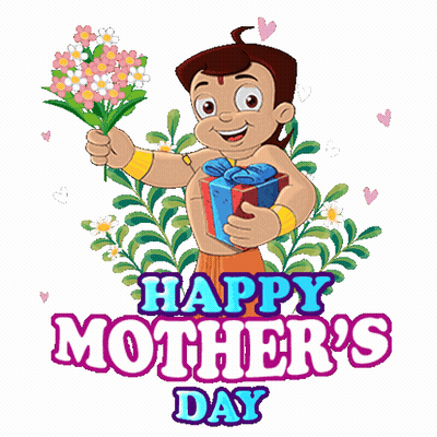 A Cartoon Boy Is Holding Flowers And A Gift In Front Of A Sign That Says Happy Mother 'S Day GIF