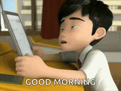 A Cartoon Boy Is Sitting At A Desk Using A Tablet And The Words Good Morning Are Above Him GIF